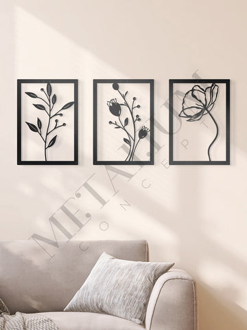 Dekoratif Üçlü Set Metal Duvar Tablosu Gelincik Çiçeği Temalı 42x60cm x 3 ADET