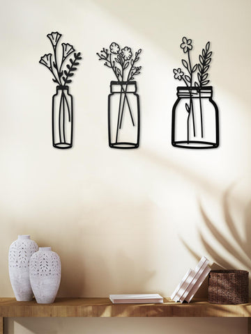 Dekoratif Metal Duvar Tablosu Bahar Çiçekleri (Kavanozlu) X 3 Adet - Metalium Concept