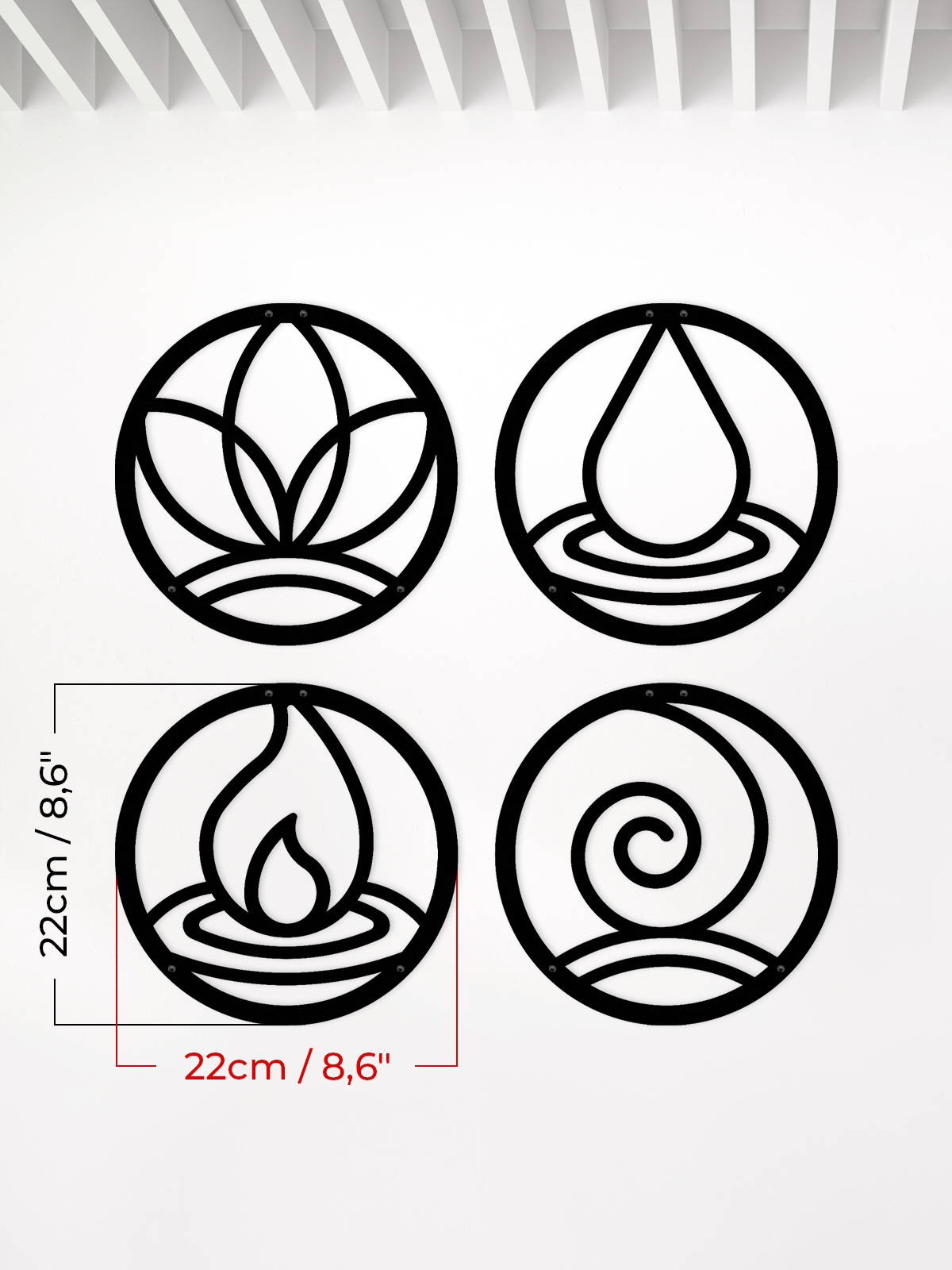 Daire Dört Element Temalı Dekoratif Metal Tablo 4'lü Set - Metalium Concept